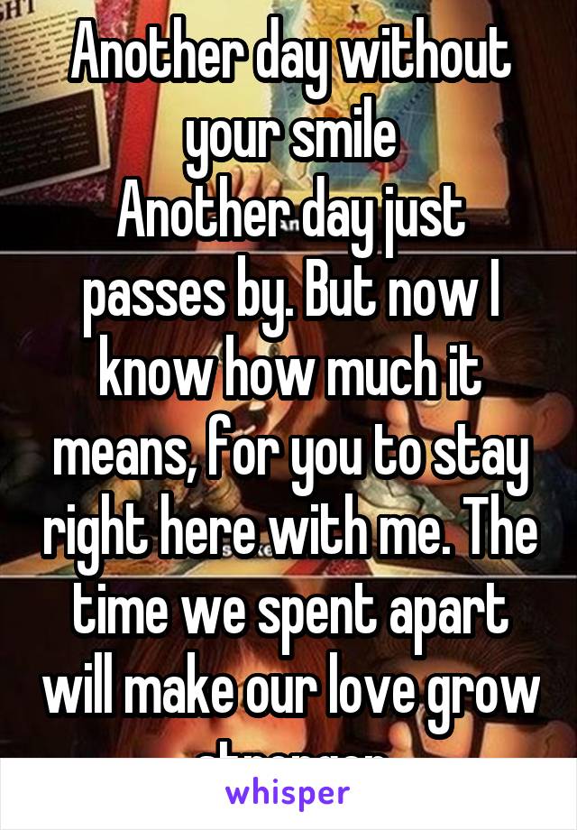 Another day without your smile
Another day just passes by. But now I know how much it means, for you to stay right here with me. The time we spent apart will make our love grow stronger