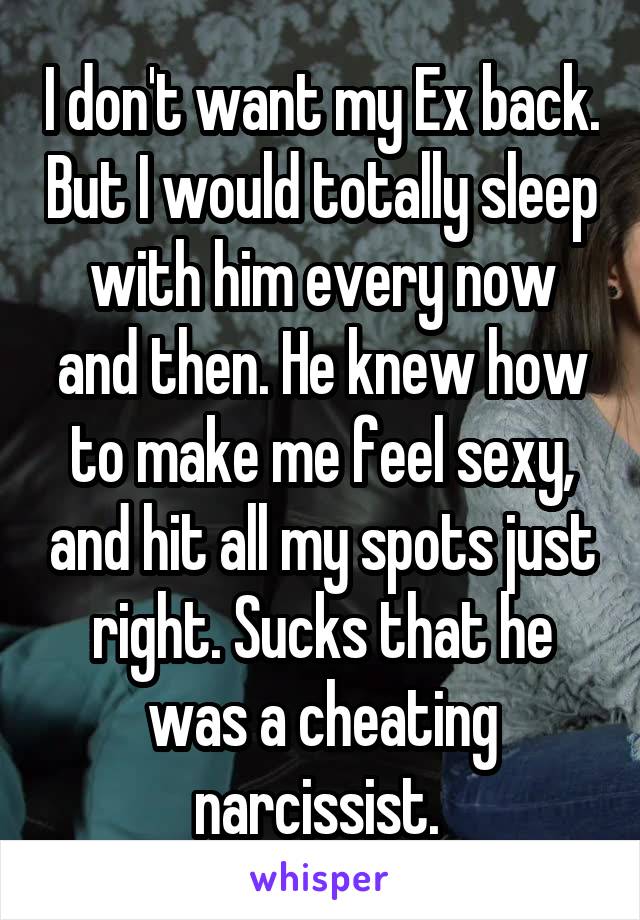 I don't want my Ex back. But I would totally sleep with him every now and then. He knew how to make me feel sexy, and hit all my spots just right. Sucks that he was a cheating narcissist. 