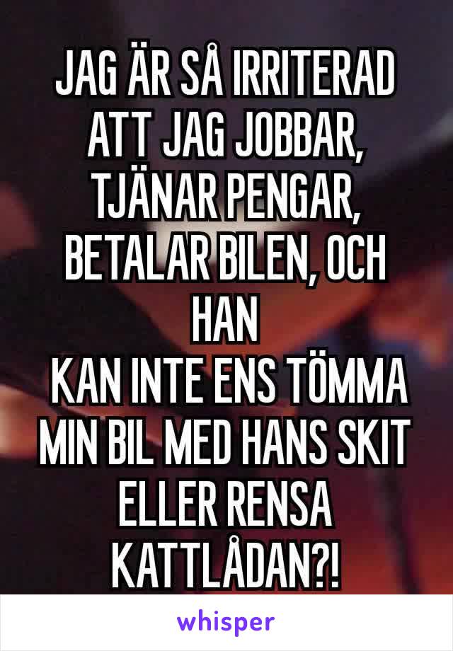 JAG ÄR SÅ IRRITERAD ATT JAG JOBBAR, TJÄNAR PENGAR, BETALAR BILEN, OCH HAN
 KAN INTE ENS TÖMMA MIN BIL MED HANS SKIT ELLER RENSA KATTLÅDAN?!
GAAAAAAAAH