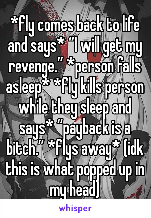 *fly comes back to life and says* “I will get my revenge.” *person falls asleep* *fly kills person while they sleep and says* “payback is a bitch.” *flys away* (idk this is what popped up in my head)