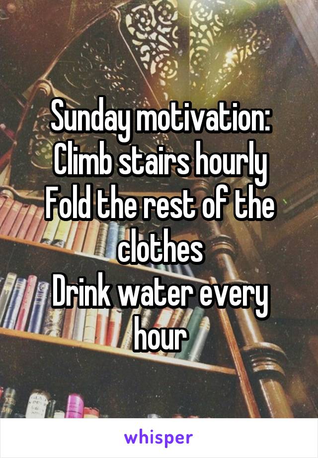 Sunday motivation:
Climb stairs hourly
Fold the rest of the clothes
Drink water every hour