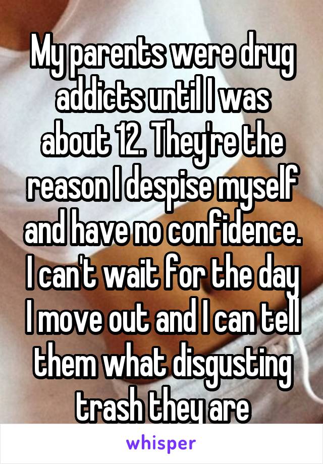 My parents were drug addicts until I was about 12. They're the reason I despise myself and have no confidence. I can't wait for the day I move out and I can tell them what disgusting trash they are