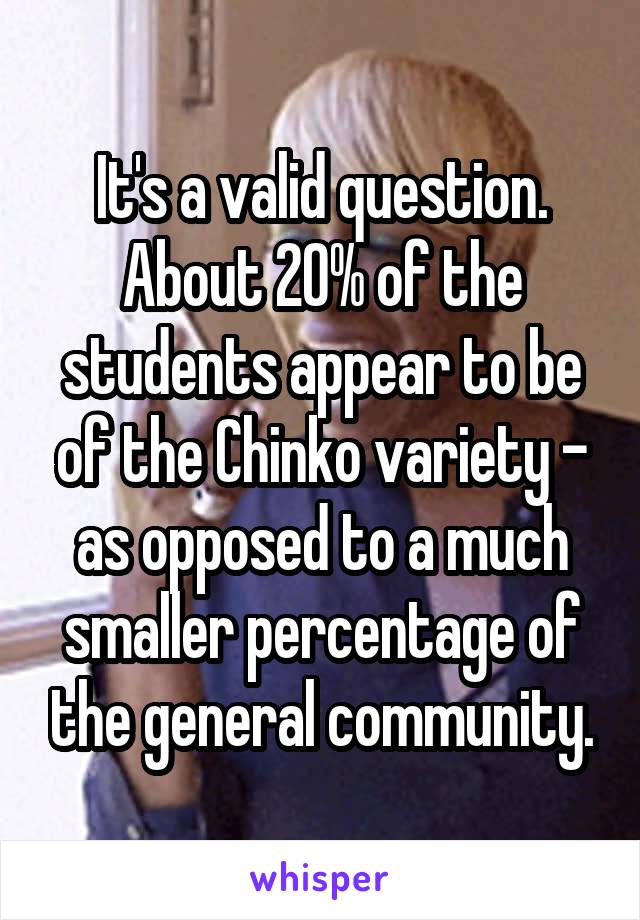 It's a valid question. About 20% of the students appear to be of the Chinko variety - as opposed to a much smaller percentage of the general community.