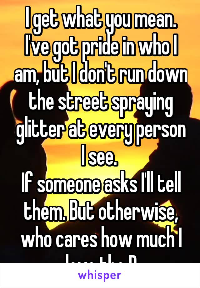 I get what you mean. I've got pride in who I am, but I don't run down the street spraying glitter at every person I see. 
If someone asks I'll tell them. But otherwise, who cares how much I love the D