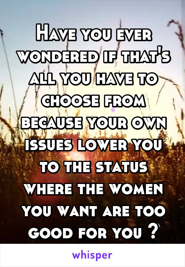 Have you ever wondered if that's all you have to choose from because your own issues lower you to the status where the women you want are too good for you ?