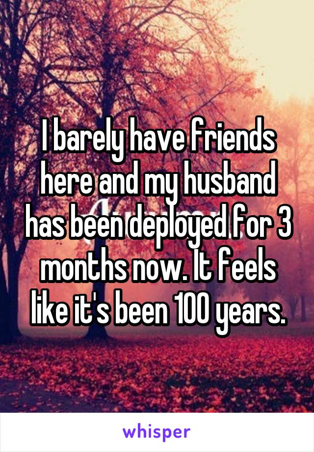 I barely have friends here and my husband has been deployed for 3 months now. It feels like it's been 100 years.