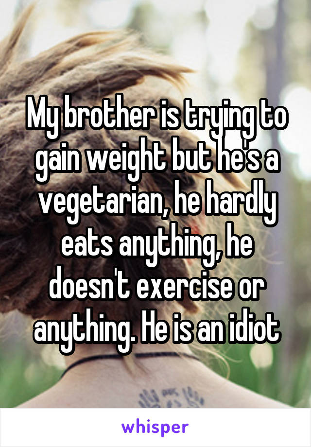 My brother is trying to gain weight but he's a vegetarian, he hardly eats anything, he doesn't exercise or anything. He is an idiot