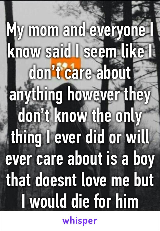 My mom and everyone I know said I seem like I don’t care about anything however they don’t know the only thing I ever did or will ever care about is a boy that doesnt love me but I would die for him