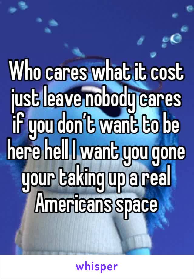 Who cares what it cost just leave nobody cares if you don’t want to be here hell I want you gone your taking up a real Americans space 