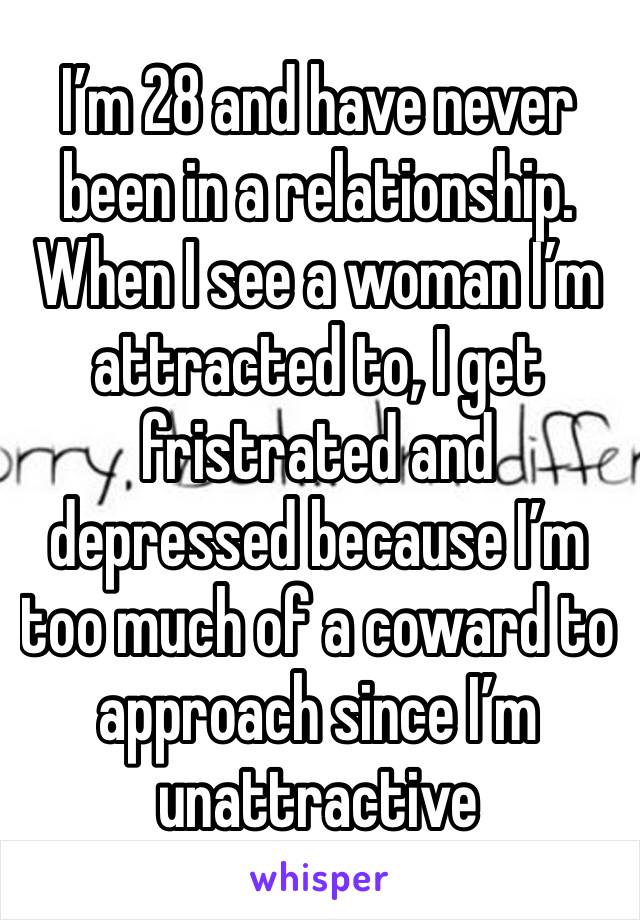 I’m 28 and have never been in a relationship. When I see a woman I’m attracted to, I get fristrated and depressed because I’m too much of a coward to approach since I’m unattractive 