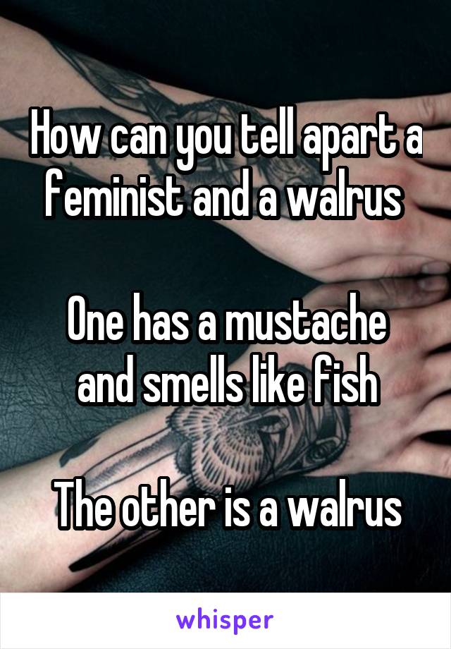 How can you tell apart a feminist and a walrus 

One has a mustache and smells like fish

The other is a walrus