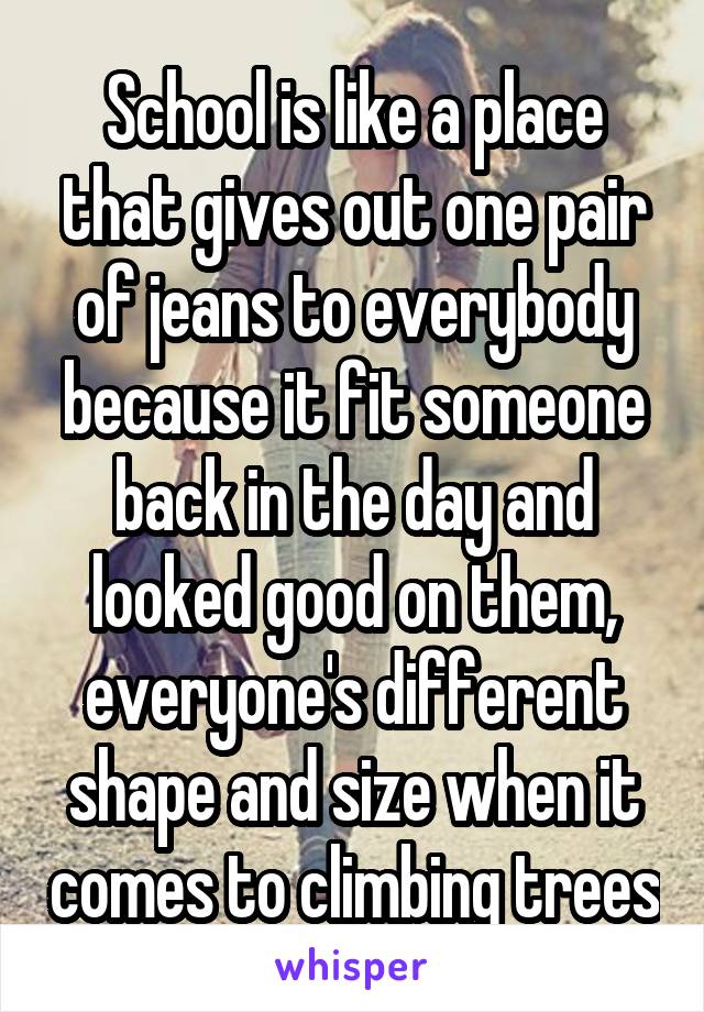School is like a place that gives out one pair of jeans to everybody because it fit someone back in the day and looked good on them, everyone's different shape and size when it comes to climbing trees