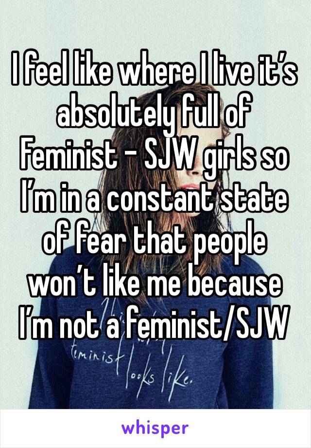 I feel like where I live it’s absolutely full of Feminist - SJW girls so I’m in a constant state of fear that people won’t like me because I’m not a feminist/SJW