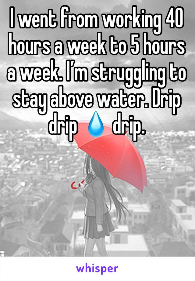 I went from working 40 hours a week to 5 hours a week. I’m struggling to stay above water. Drip drip 💧 drip. 
