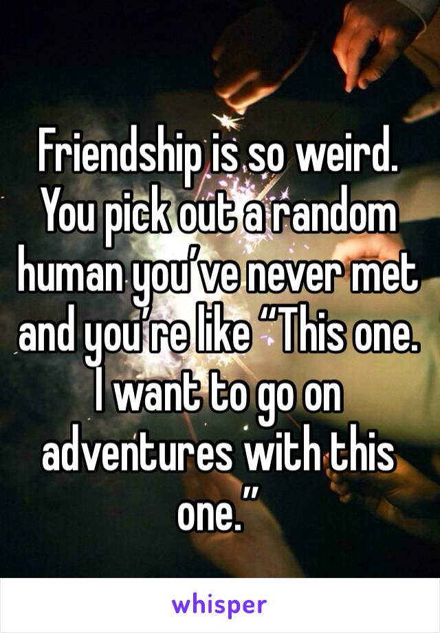 Friendship is so weird. 
You pick out a random human you’ve never met and you’re like “This one. I want to go on adventures with this one.”