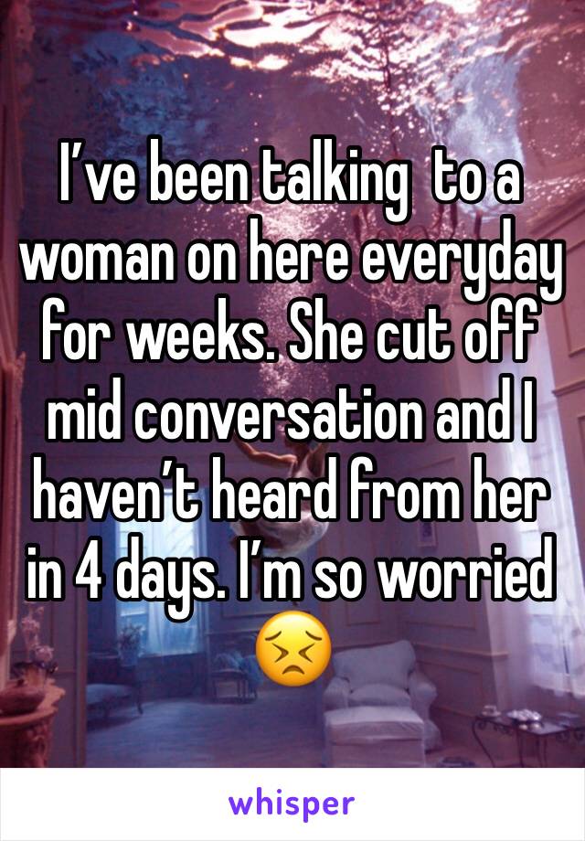 I’ve been talking  to a woman on here everyday for weeks. She cut off mid conversation and I haven’t heard from her in 4 days. I’m so worried 😣