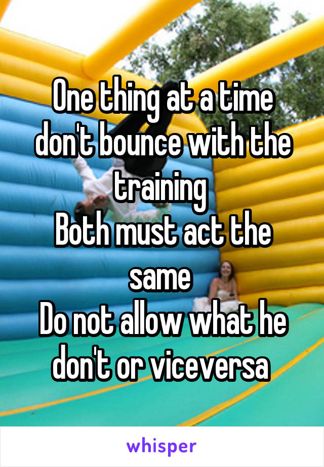 One thing at a time don't bounce with the training 
Both must act the same 
Do not allow what he don't or viceversa 