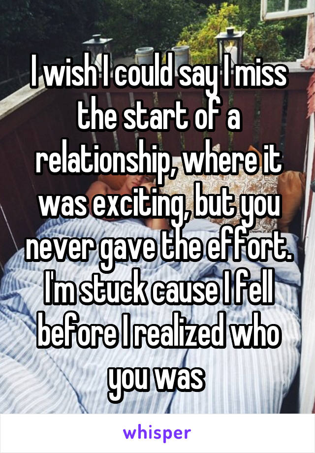 I wish I could say I miss the start of a relationship, where it was exciting, but you never gave the effort. I'm stuck cause I fell before I realized who you was 
