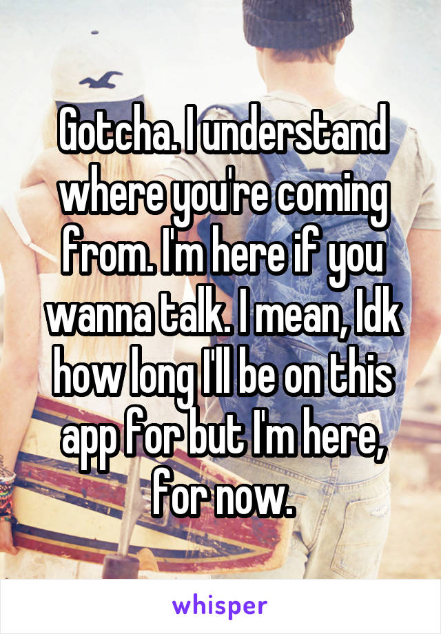 Gotcha. I understand where you're coming from. I'm here if you wanna talk. I mean, Idk how long I'll be on this app for but I'm here, for now.