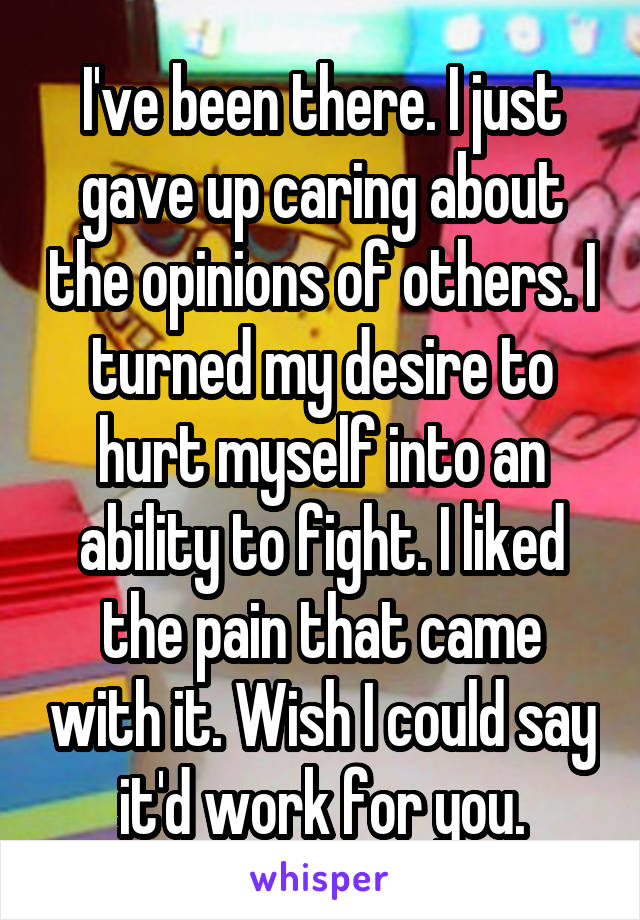I've been there. I just gave up caring about the opinions of others. I turned my desire to hurt myself into an ability to fight. I liked the pain that came with it. Wish I could say it'd work for you.