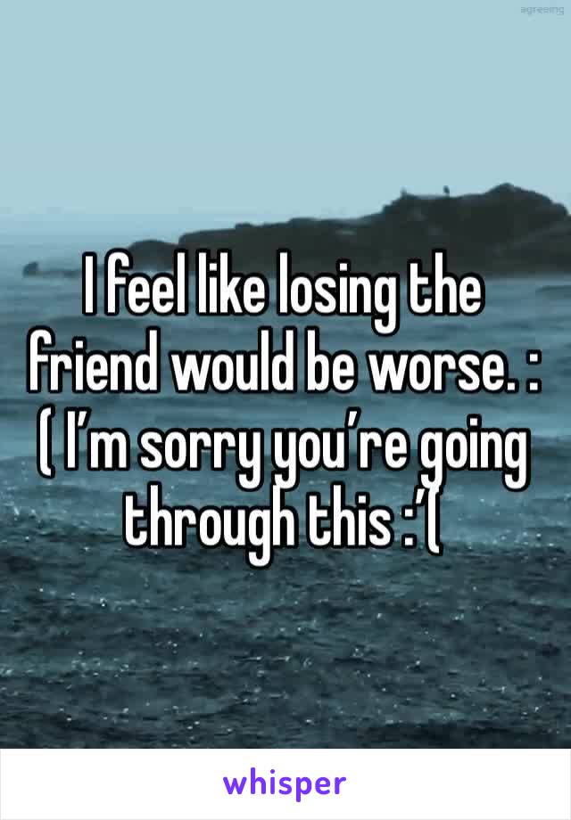 I feel like losing the friend would be worse. :( I’m sorry you’re going through this :’(