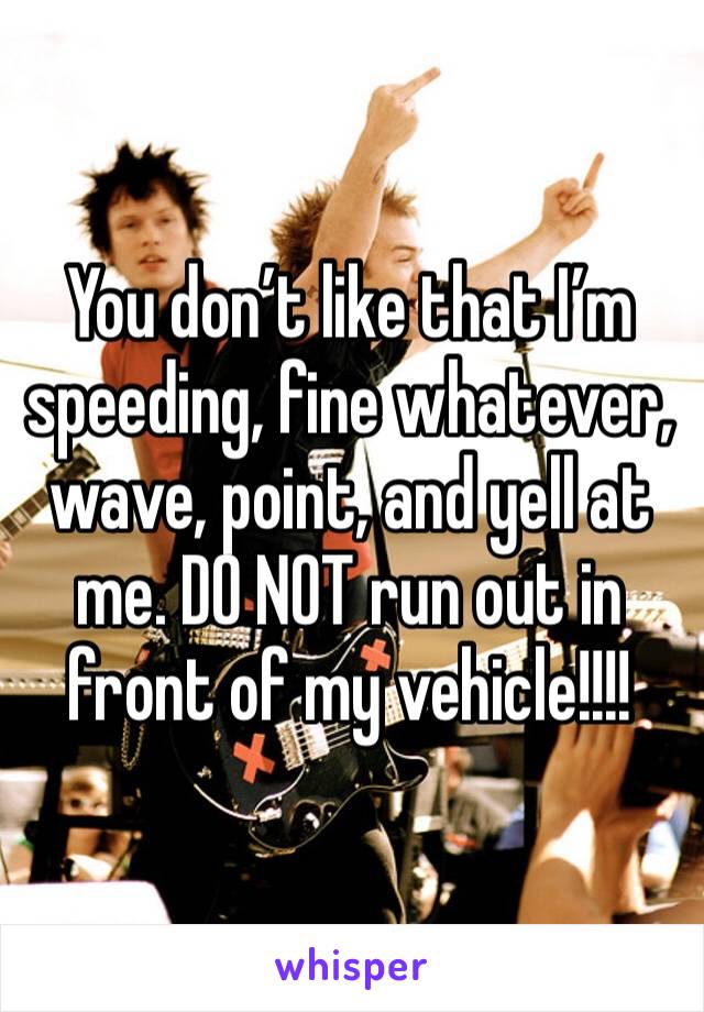 You don’t like that I’m speeding, fine whatever, wave, point, and yell at me. DO NOT run out in front of my vehicle!!!!