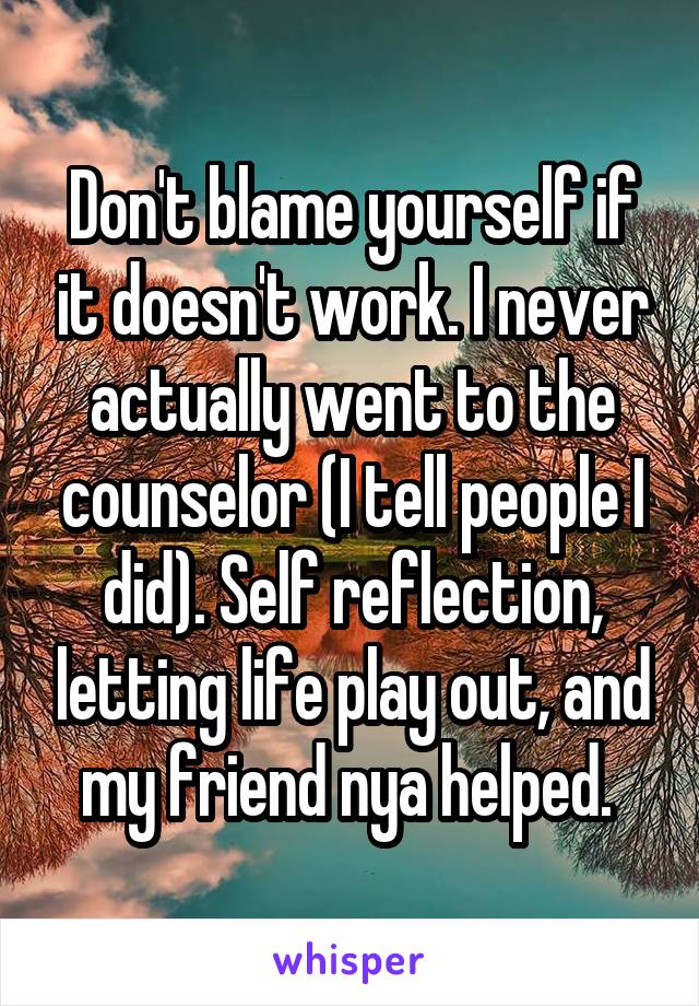 Don't blame yourself if it doesn't work. I never actually went to the counselor (I tell people I did). Self reflection, letting life play out, and my friend nya helped. 