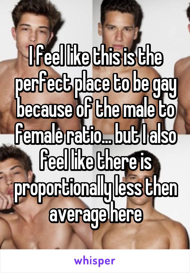 I feel like this is the perfect place to be gay because of the male to female ratio... but I also feel like there is proportionally less then average here