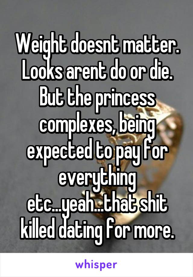 Weight doesnt matter. Looks arent do or die. But the princess complexes, being expected to pay for everything etc...yeah...that shit killed dating for more.