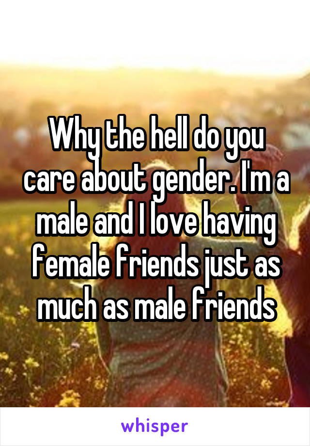 Why the hell do you care about gender. I'm a male and I love having female friends just as much as male friends