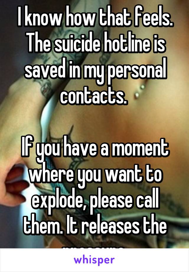 I know how that feels. The suicide hotline is saved in my personal contacts. 

If you have a moment where you want to explode, please call them. It releases the pressure.