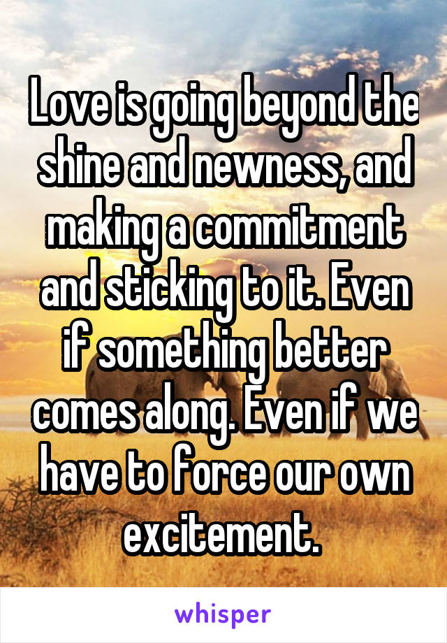 Love is going beyond the shine and newness, and making a commitment and sticking to it. Even if something better comes along. Even if we have to force our own excitement. 