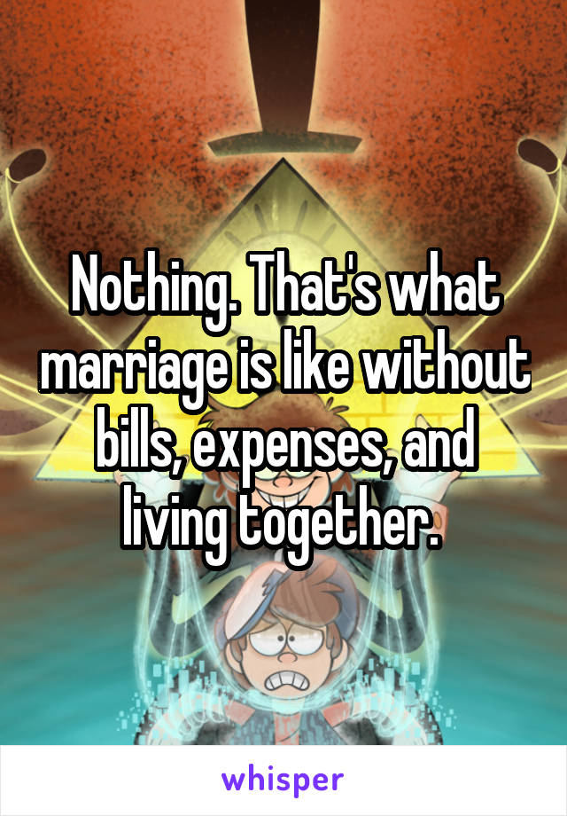 Nothing. That's what marriage is like without bills, expenses, and living together. 