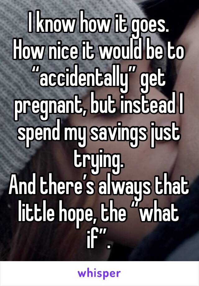 I know how it goes.
How nice it would be to “accidentally” get pregnant, but instead I spend my savings just trying.
And there’s always that little hope, the “what if”. 