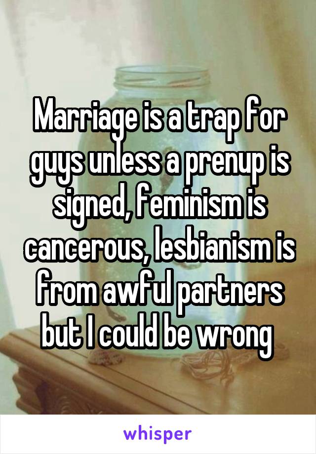 Marriage is a trap for guys unless a prenup is signed, feminism is cancerous, lesbianism is from awful partners but I could be wrong 