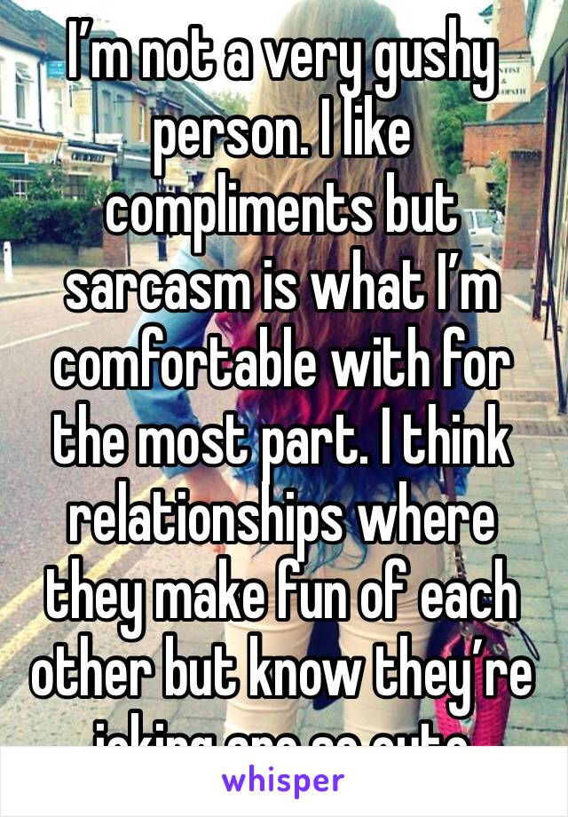 I’m not a very gushy person. I like compliments but sarcasm is what I’m comfortable with for the most part. I think relationships where they make fun of each other but know they’re joking are so cute