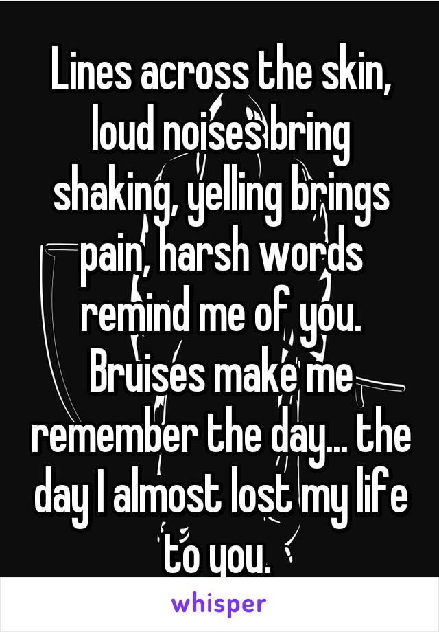 Lines across the skin, loud noises bring shaking, yelling brings pain, harsh words remind me of you. Bruises make me remember the day... the day I almost lost my life to you. 