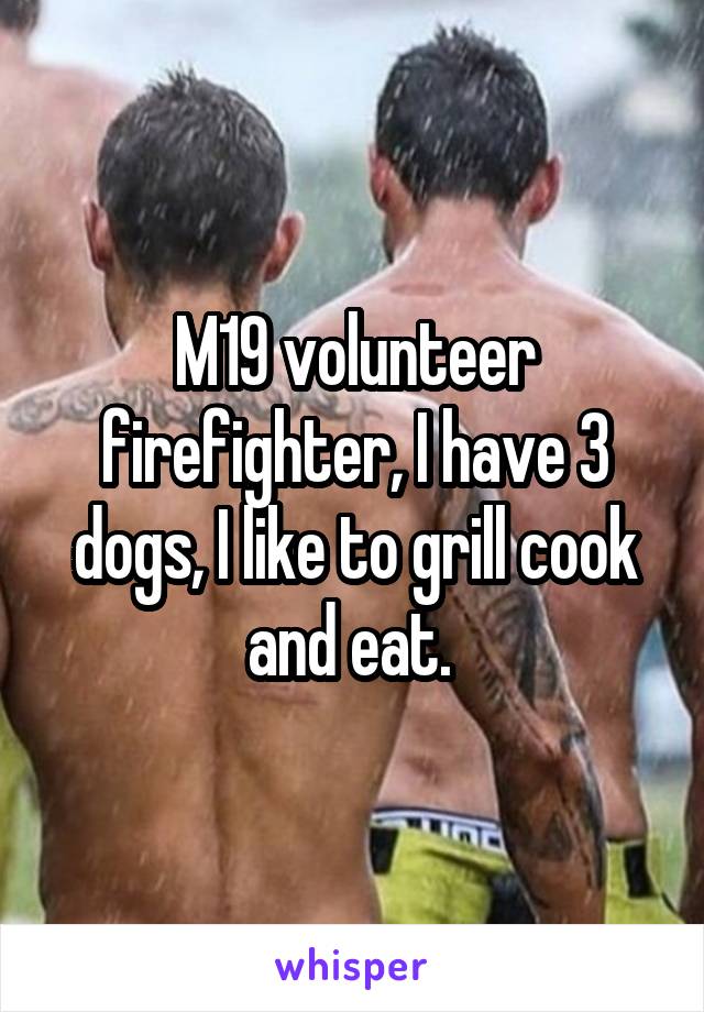 M19 volunteer firefighter, I have 3 dogs, I like to grill cook and eat. 