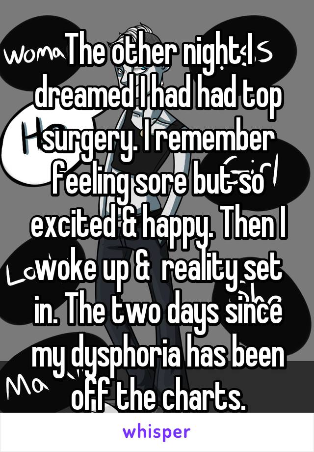 The other night I dreamed I had had top surgery. I remember feeling sore but so excited & happy. Then I woke up &  reality set in. The two days since my dysphoria has been off the charts.