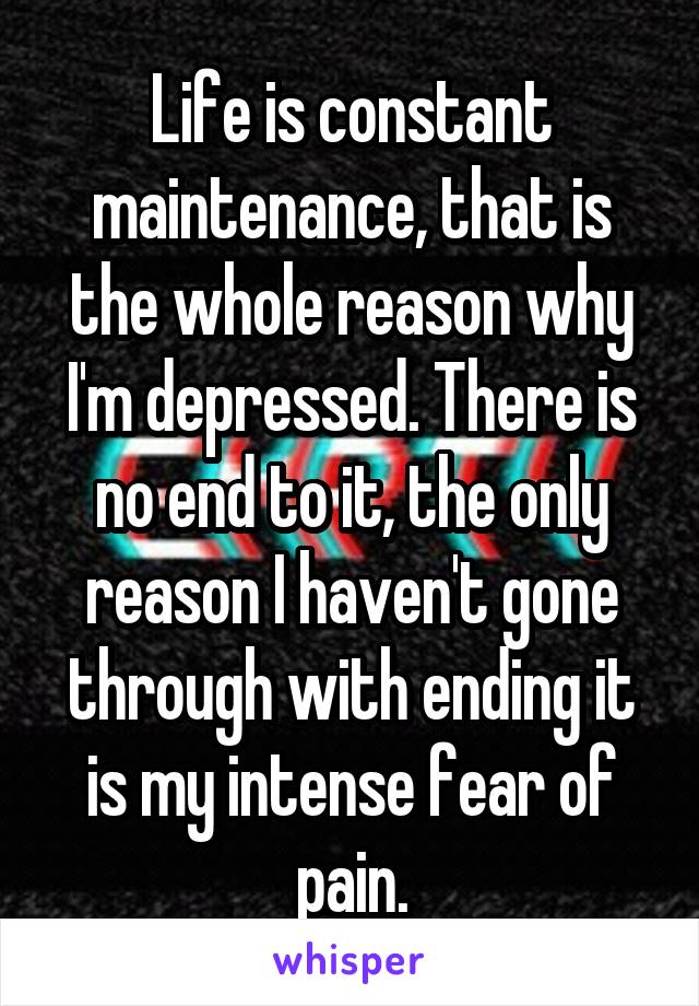 Life is constant maintenance, that is the whole reason why I'm depressed. There is no end to it, the only reason I haven't gone through with ending it is my intense fear of pain.