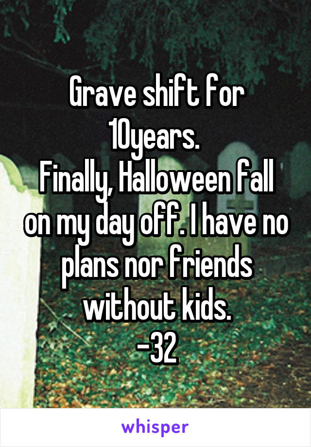 Grave shift for 10years. 
Finally, Halloween fall on my day off. I have no plans nor friends without kids.
-32