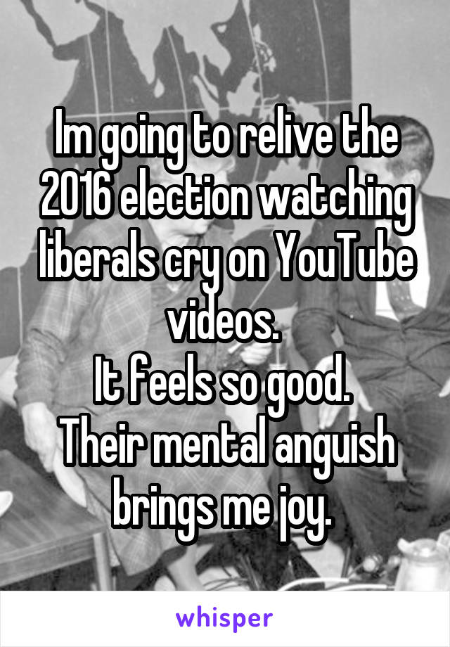 Im going to relive the 2016 election watching liberals cry on YouTube videos. 
It feels so good. 
Their mental anguish brings me joy. 