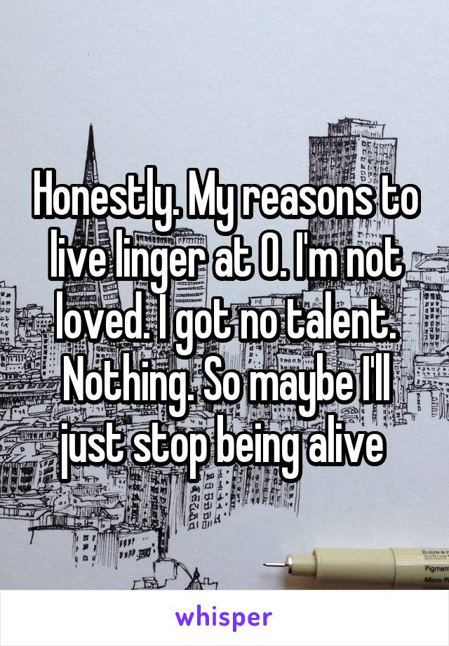 Honestly. My reasons to live linger at 0. I'm not loved. I got no talent. Nothing. So maybe I'll just stop being alive 