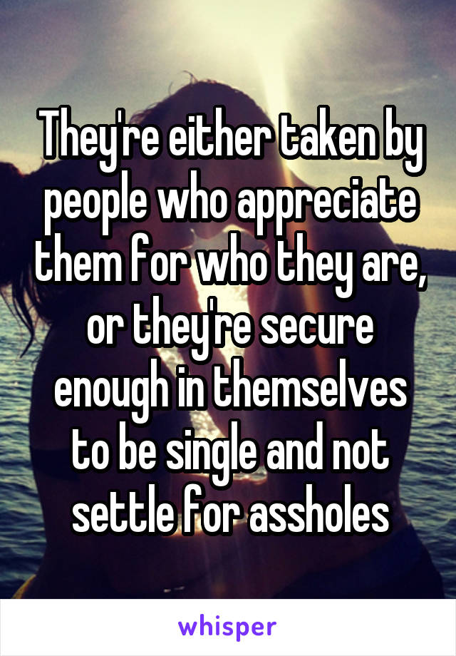 They're either taken by people who appreciate them for who they are, or they're secure enough in themselves to be single and not settle for assholes