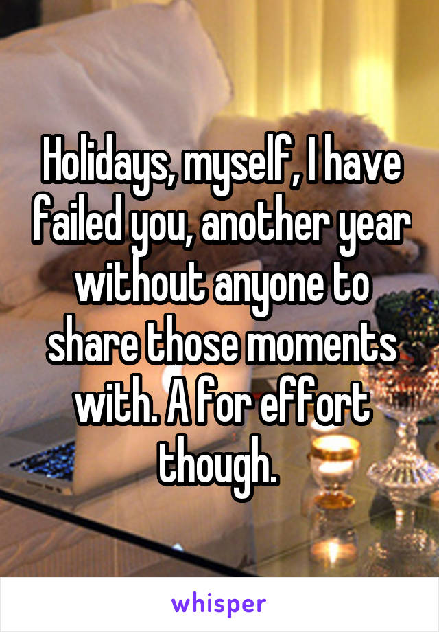 Holidays, myself, I have failed you, another year without anyone to share those moments with. A for effort though. 