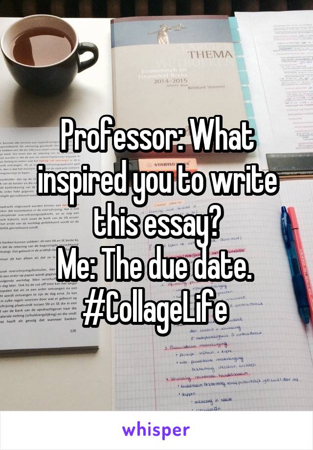 Professor: What inspired you to write this essay?
Me: The due date. 
#CollageLife 