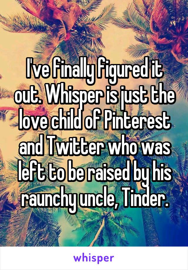 I've finally figured it out. Whisper is just the love child of Pinterest and Twitter who was left to be raised by his raunchy uncle, Tinder.