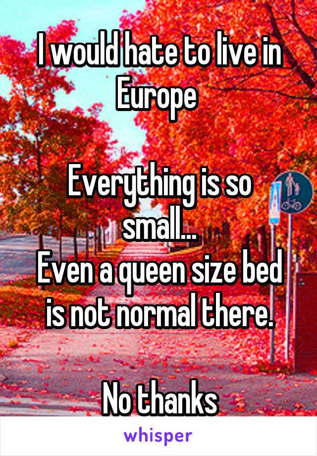 I would hate to live in Europe 

Everything is so small...
Even a queen size bed is not normal there.

No thanks