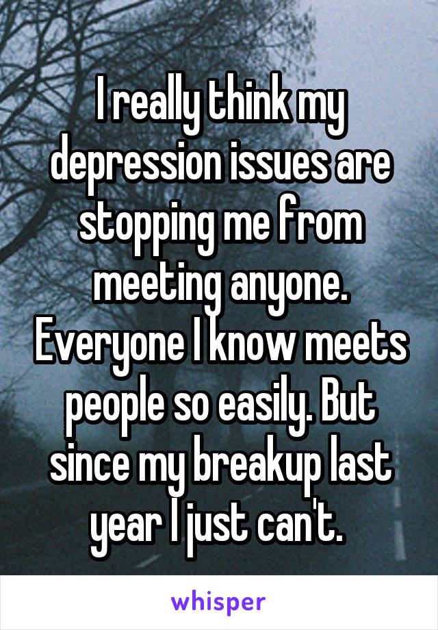 I really think my depression issues are stopping me from meeting anyone. Everyone I know meets people so easily. But since my breakup last year I just can't. 