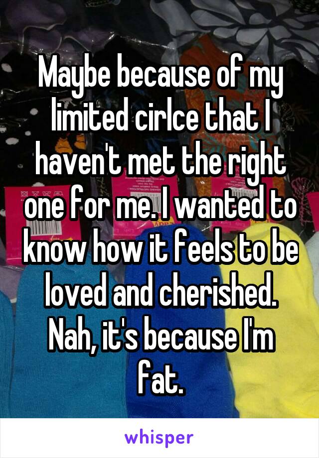 Maybe because of my limited cirlce that I haven't met the right one for me. I wanted to know how it feels to be loved and cherished.
Nah, it's because I'm fat.